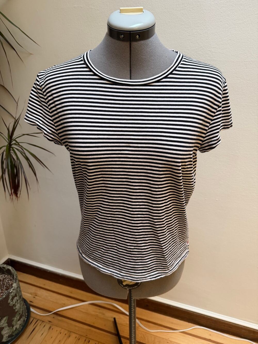 La Ligne Striped Crewneck Tee - Black & White Micro Stripe Small